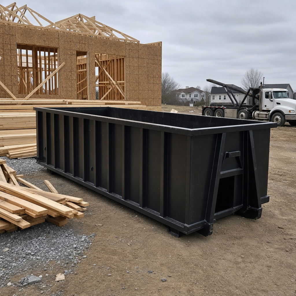 Matte-black 40-yard roll-off dumpster staged on a framed-out residential construction site in Temecula, framing lumber stacked nearby, hooklift delivery truck visible in the background under bright Colorado daylight