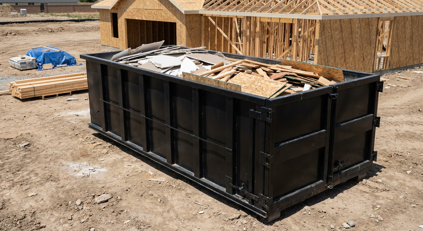 Matte-black 30-yard roll-off construction dumpster sitting directly on the compacted-dirt site of a framed single-family home build in Temecula, drywall and lumber scrap loaded inside.
