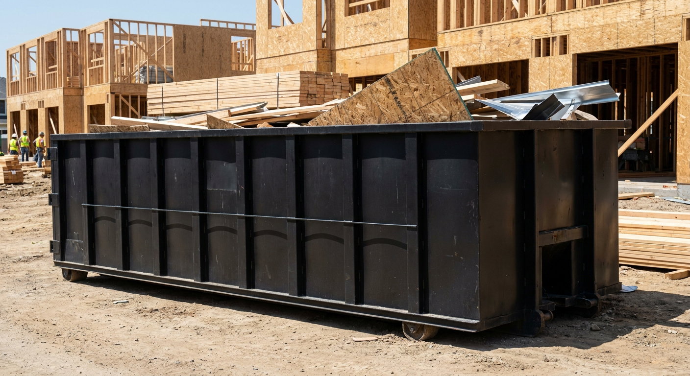 Matte-black 40-yard roll-off construction dumpster being lowered from a white-cab hooklift delivery truck onto the compacted-dirt jobsite at a commercial build site in Temecula