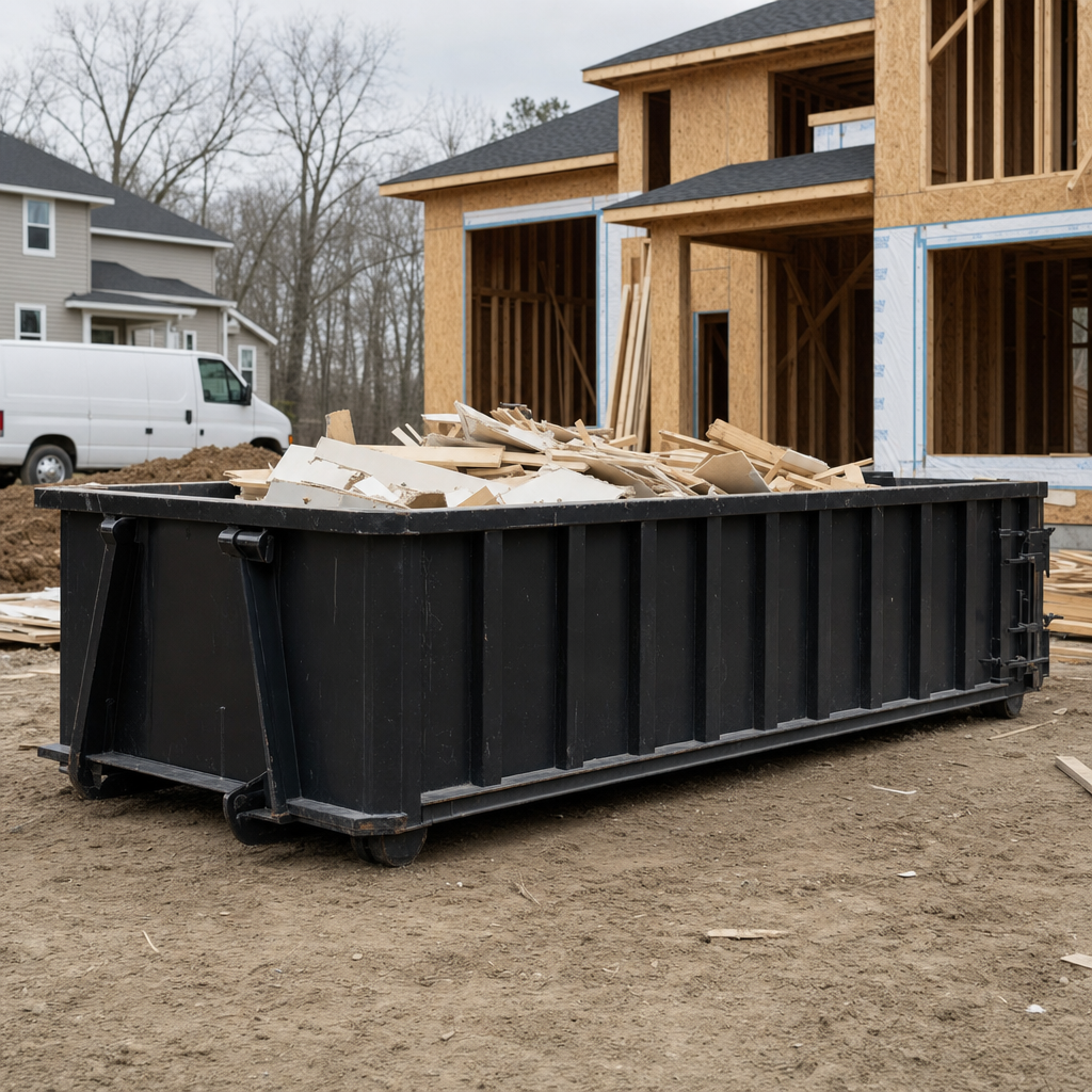 Worker in a yellow high-visibility vest tossing framing lumber and broken drywall into a matte-black 30-yard construction roll-off dumpster on an active build site in Temecula, bright daylight