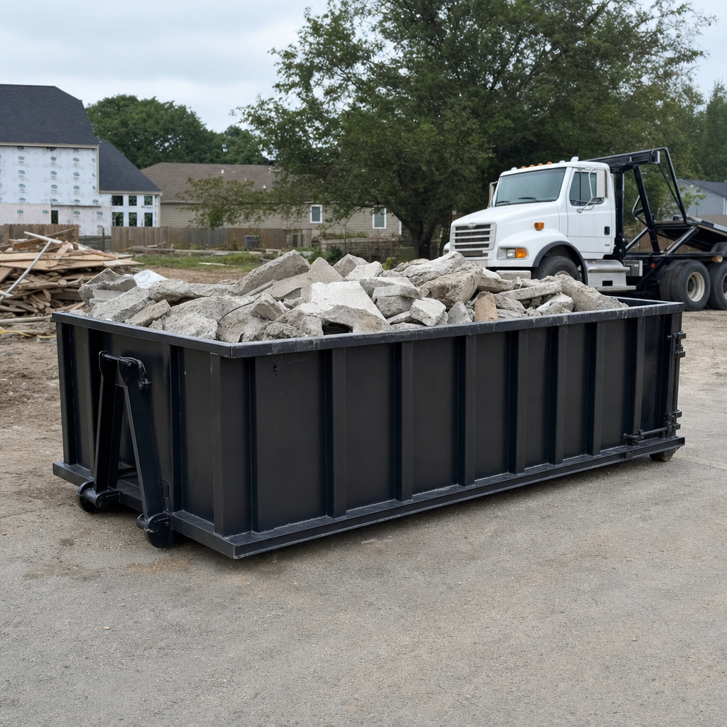 Low-profile matte-black lowboy roll-off dumpster loaded with broken concrete slab and rebar at a foundation tear-out in Temecula, skid steer parked beside it, sunny Colorado morning