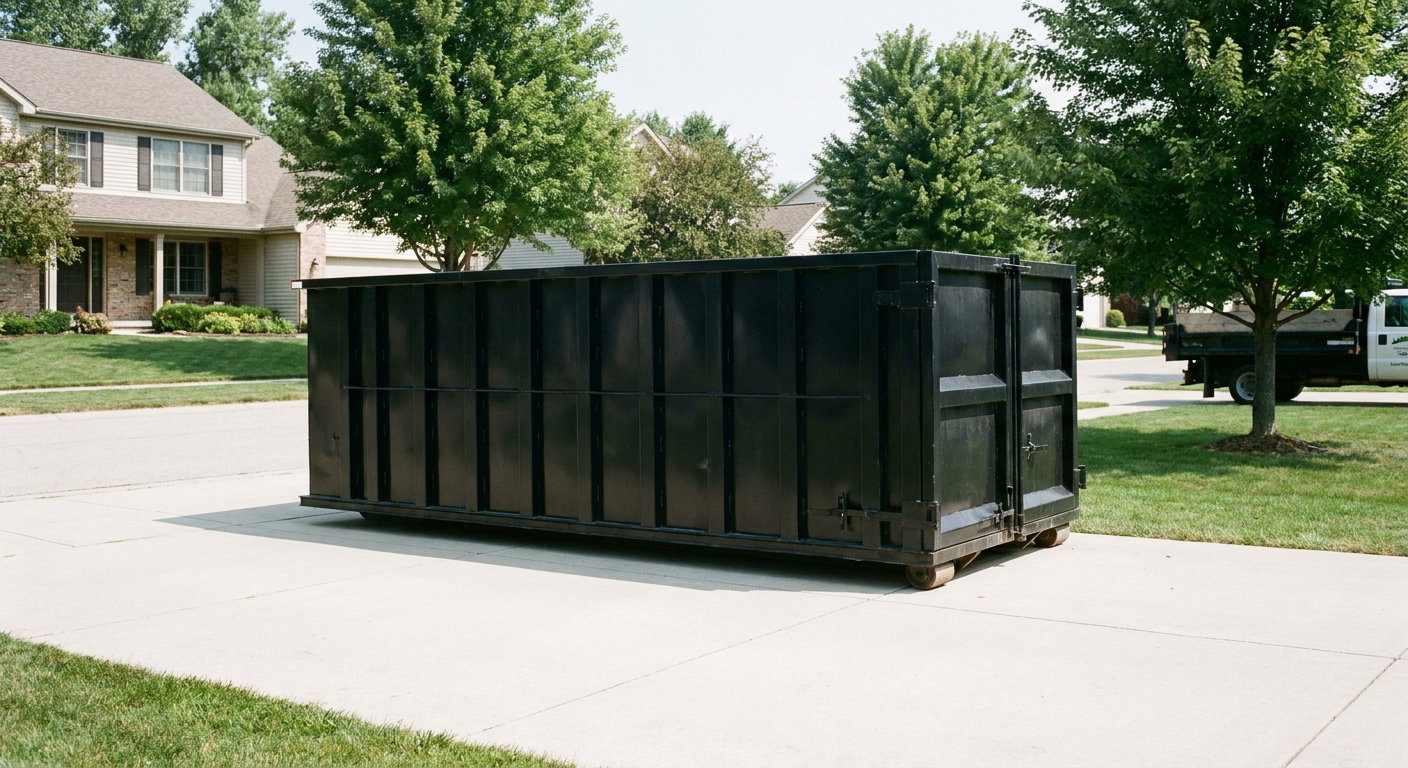 Matte-black 20-yard roll-off dumpster sitting level on a clean Temecula residential concrete driveway under bright daylight, demonstrating clean placement directly on the concrete.