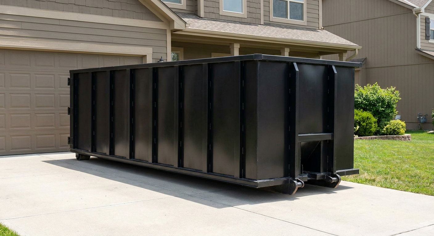 Matte-black residential roll-off dumpster sitting directly on a suburban Temecula concrete driveway, garage door closed, single-family home in background, bright morning daylight.