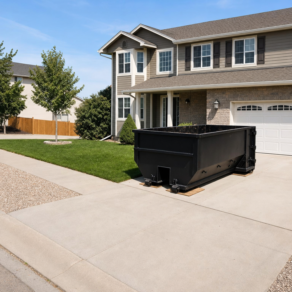 10-yard matte-black residential dumpster placed directly on a narrow Temecula concrete driveway, room remains for a parked sedan beside it, mid-morning natural light