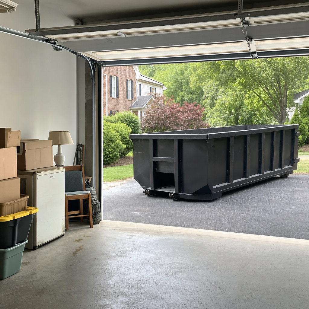 Open garage interior in a Temecula home mid-cleanout — boxed items, an old appliance, and stacked yard tools queued near the driveway for a matte-black roll-off dumpster, organized and calm
