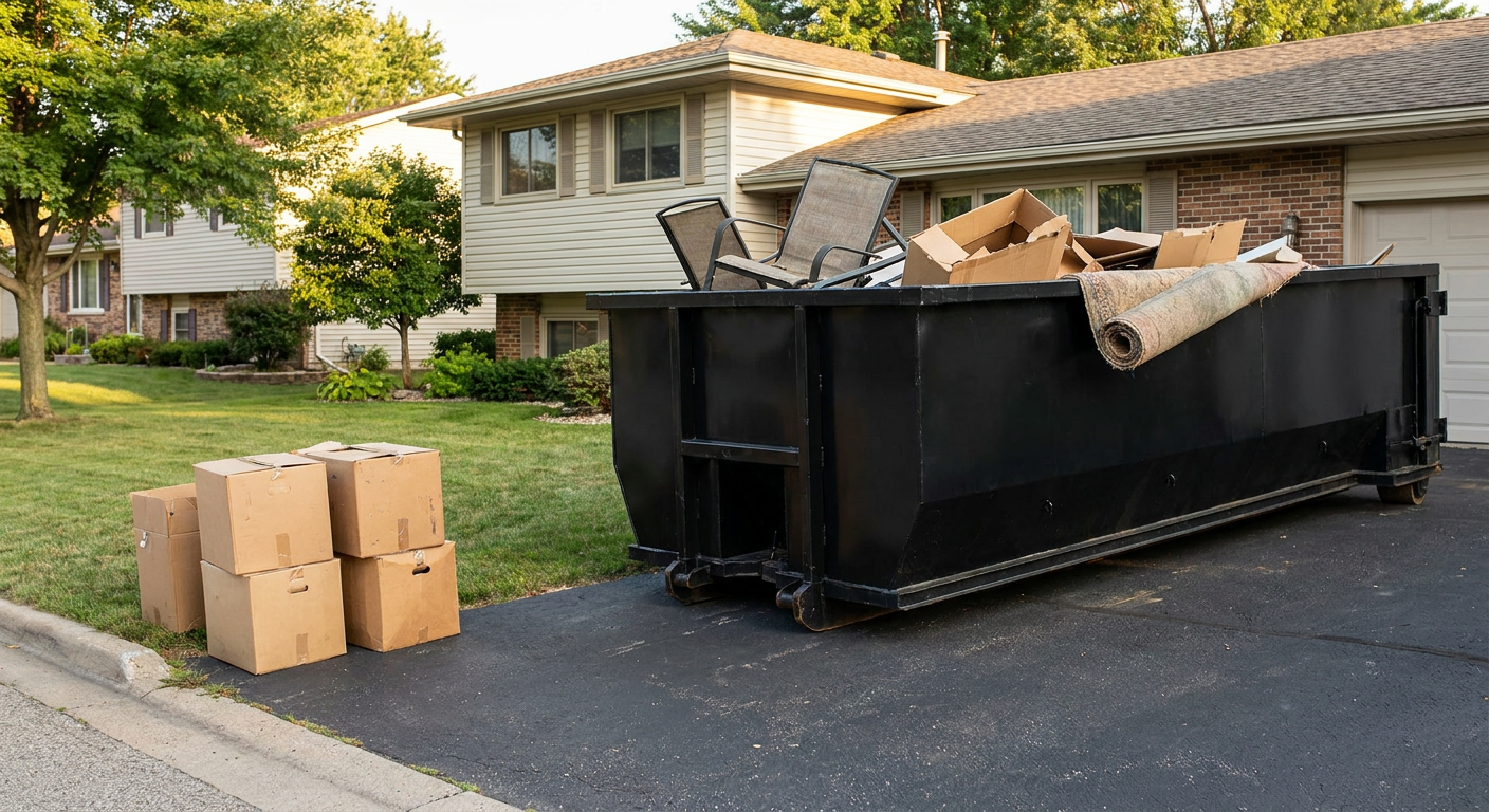 Front-yard view of a Temecula split-level home with a 20-yard matte-black roll-off dumpster sitting directly on the asphalt driveway, a few clearly labeled donation boxes staged at the curb, calm sunny afternoon.