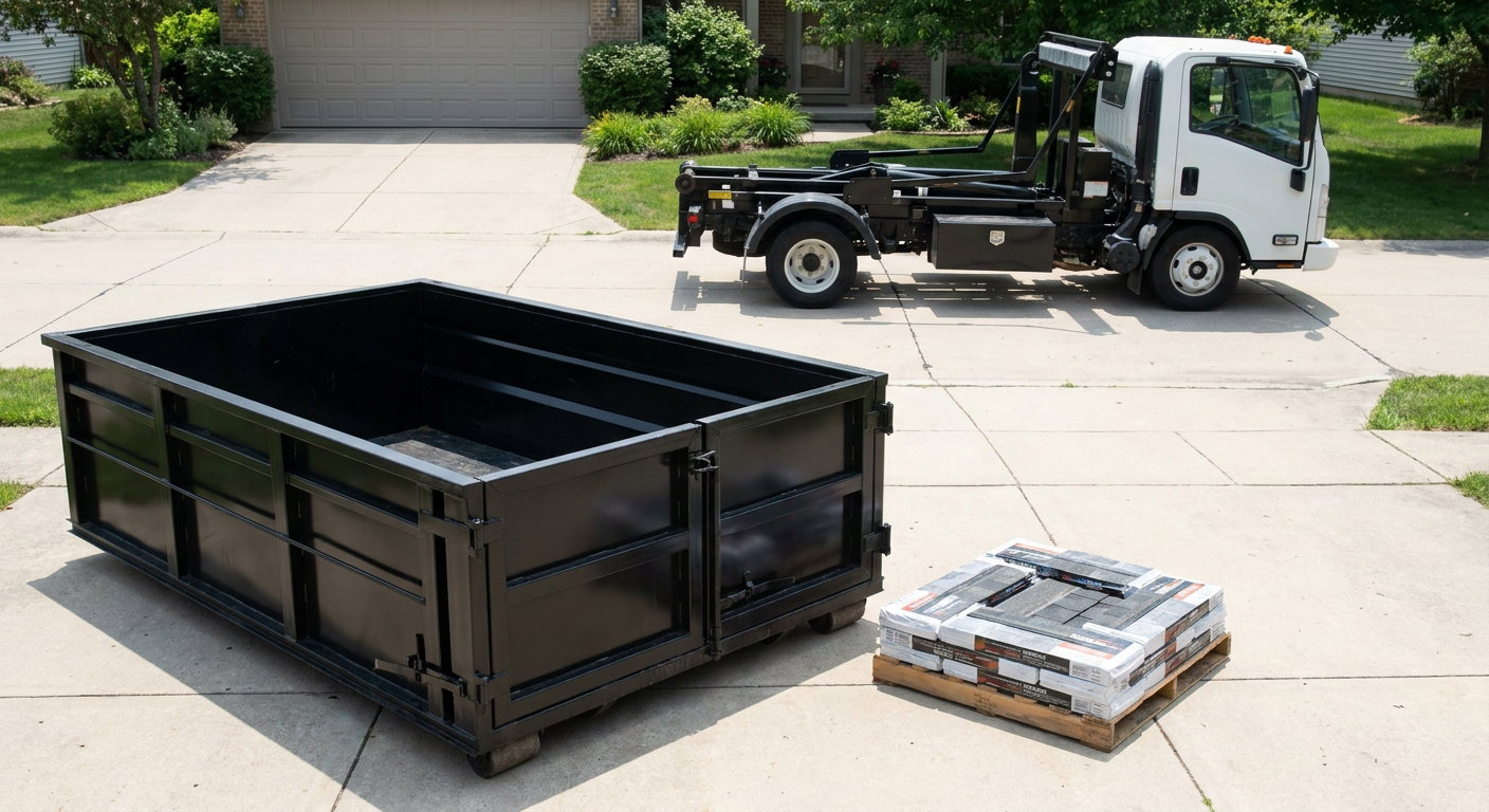 Matte-black 15-yard roofing roll-off dumpster with reinforced low side walls sitting directly on a Temecula residential concrete driveway, three-tab asphalt shingle bundles stacked nearby, an unmarked white hauler truck partially visible at the edge of the frame.
