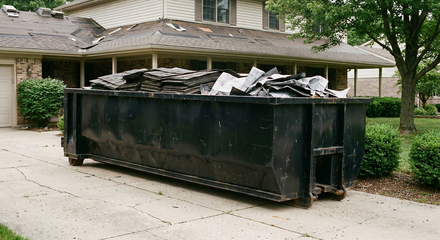 Matte-black 30-yard roofing roll-off dumpster sitting directly on a Temecula concrete driveway, taller ribbed steel side panels, mixed tear-off debris of asphalt shingles and underlayment inside, professional documentary daylight.
