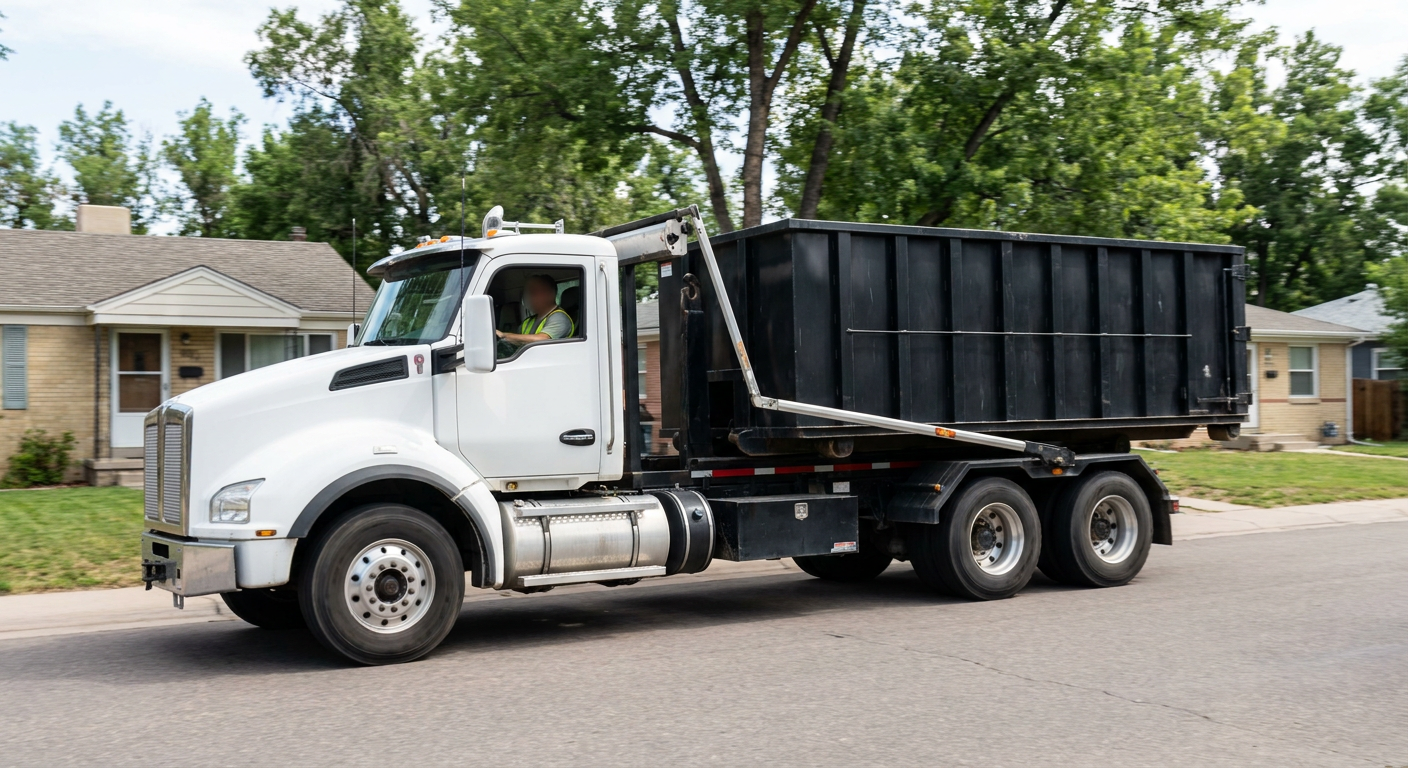 A wide documentary shot of a matte-black roll-off delivery truck pulling onto a quiet Temecula residential street at mid-morning, with neighborhood rooftops and tree-lined blocks visible behind, showing the metro coverage footprint.