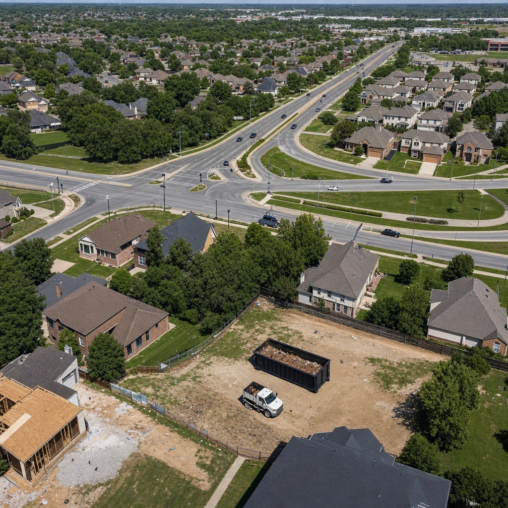 An overhead documentary view of the Temecula metro area at midday, showing the spread of neighborhoods, arterial roads, and the dispatch radius from a central yard — clean daylight, organized geographic layout.