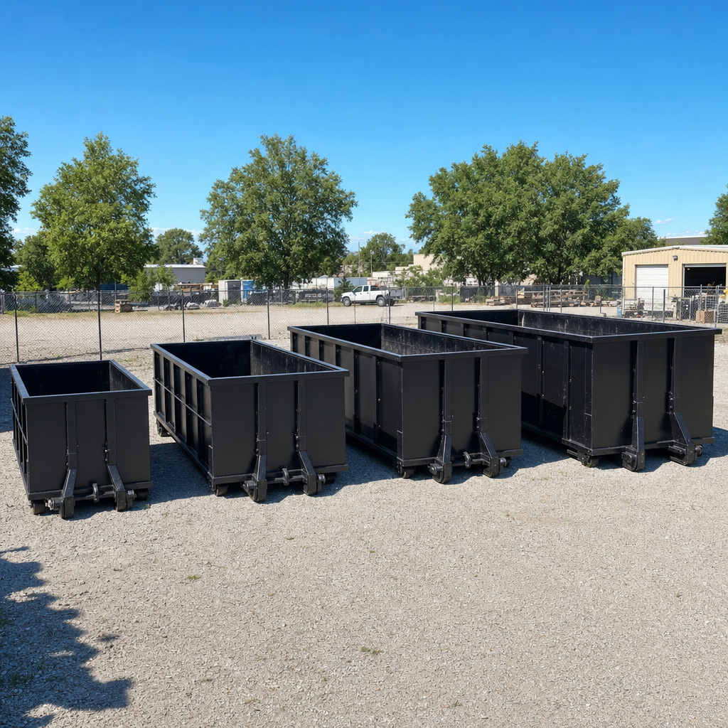 A clean lineup of matte-black roll-off dumpsters in 10, 20, 30, and 40-yard sizes staged on a sunlit gravel yard in Temecula, showing the size progression from compact to commercial-scale containers.