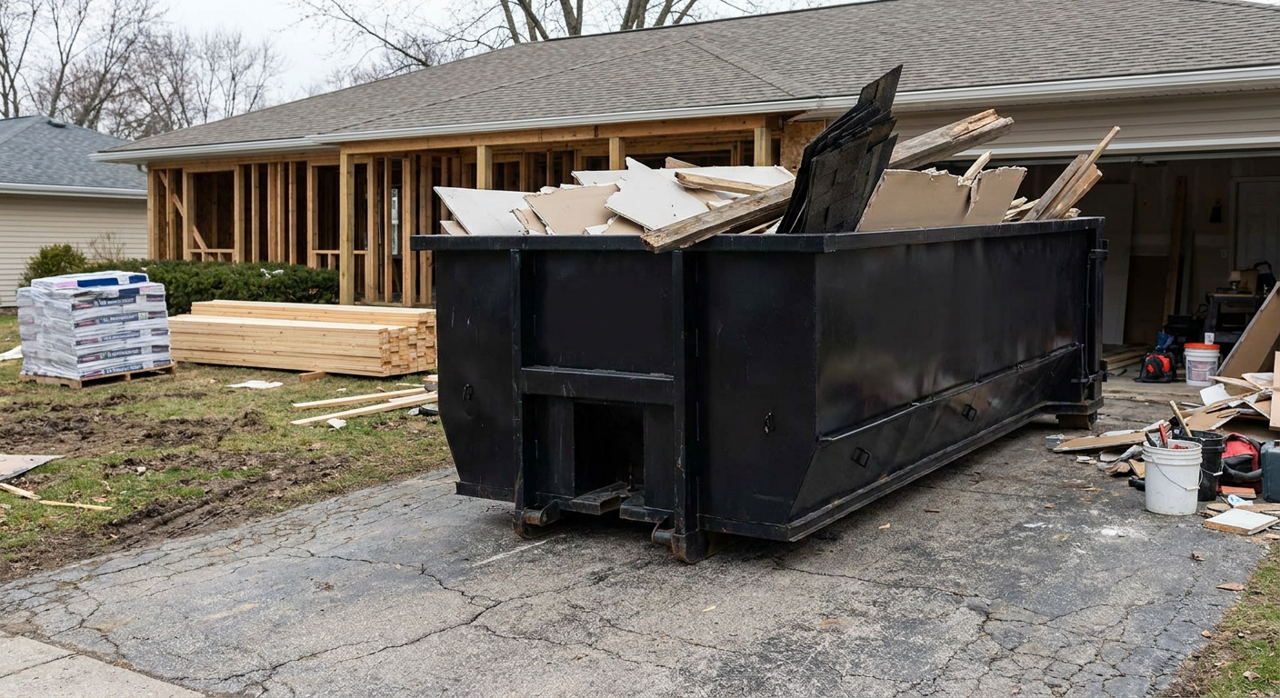 A matte-black 20-yard roll-off dumpster placed alongside a mid-renovation Temecula home directly on the asphalt driveway, with framing materials and torn-off shingles staged neatly nearby.