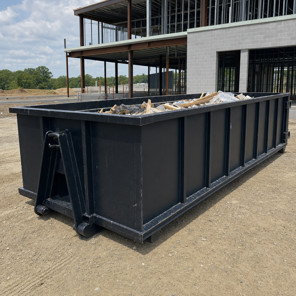A matte-black 40-yard roll-off dumpster staged on a large Temecula commercial construction lot, with a hooklift delivery truck parked alongside under bright midday sky.