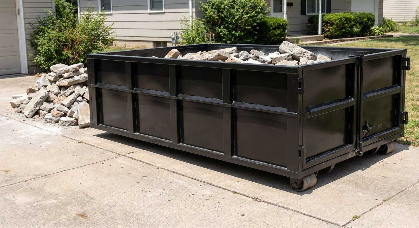 A matte-black low-side heavy-debris roll-off dumpster placed directly on a Temecula concrete driveway, with broken concrete chunks neatly stacked beside it under clean daylight.